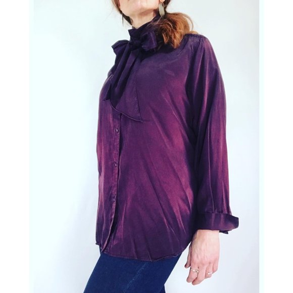 90's Vintage Ralph Lauren Eggplant Purple Silk Pussybow Button Up Blouse - Picture 2 of 12
